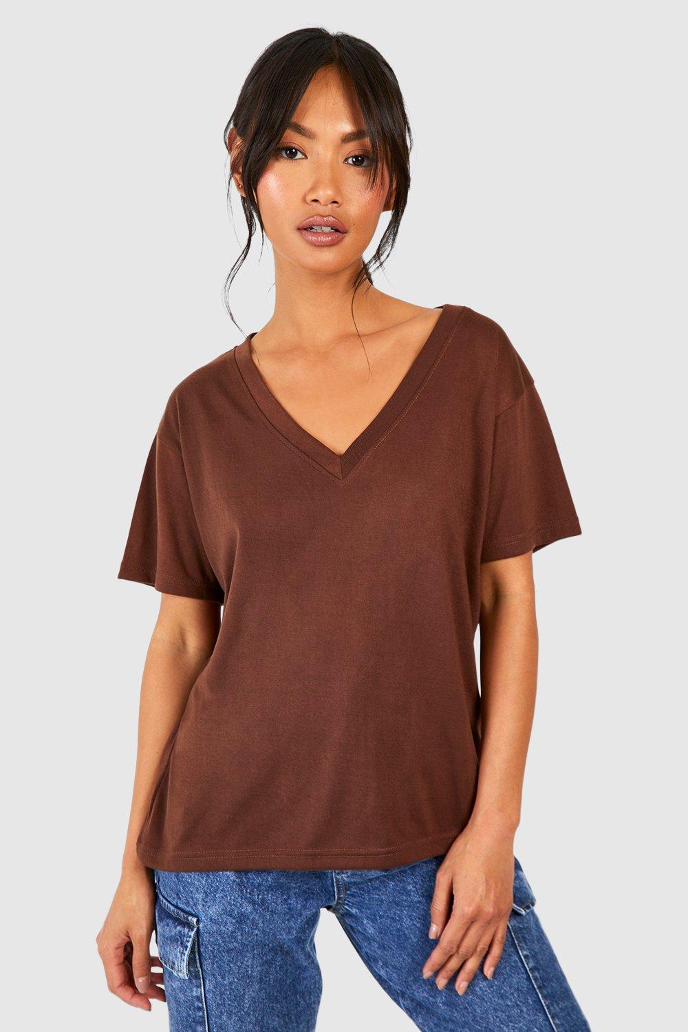 Image of T-shirt Basic in cotone con scollo profondo a V, Brown