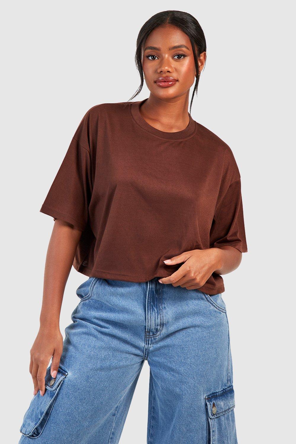 Image of T-shirt corta squadrata Basic in cotone, Brown