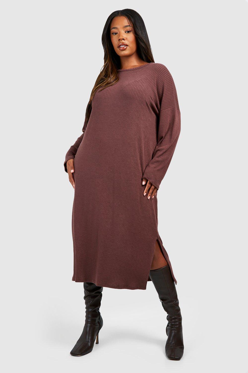 Womens Plus Soft Rib Crew Neck Split Midi Dress - Brown - 18, Brown