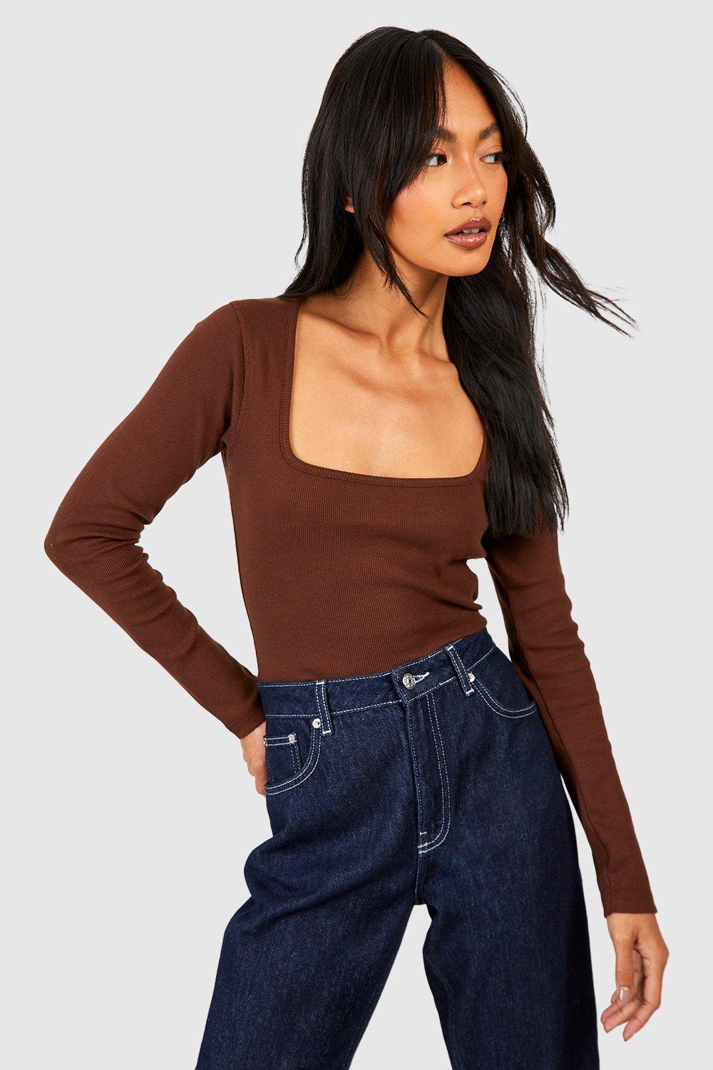 Womens Basic Rib Square Neck Long Sleeve Top - Brown - 12, Brown