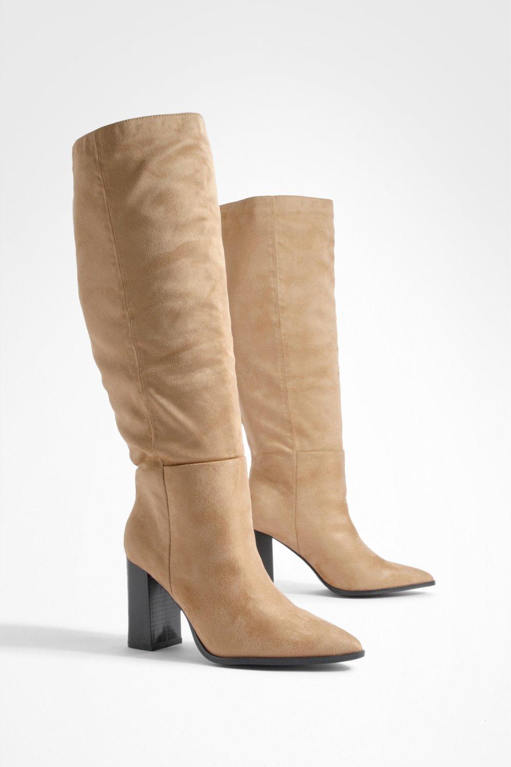 Boohoo Knielaarzen Met Blokhakken En Puntneus, Beige