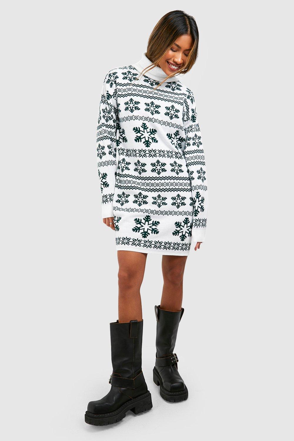 Womens Roll Neck Snowflake And Fairisle Christmas Jumper Dress - Green - S, Green