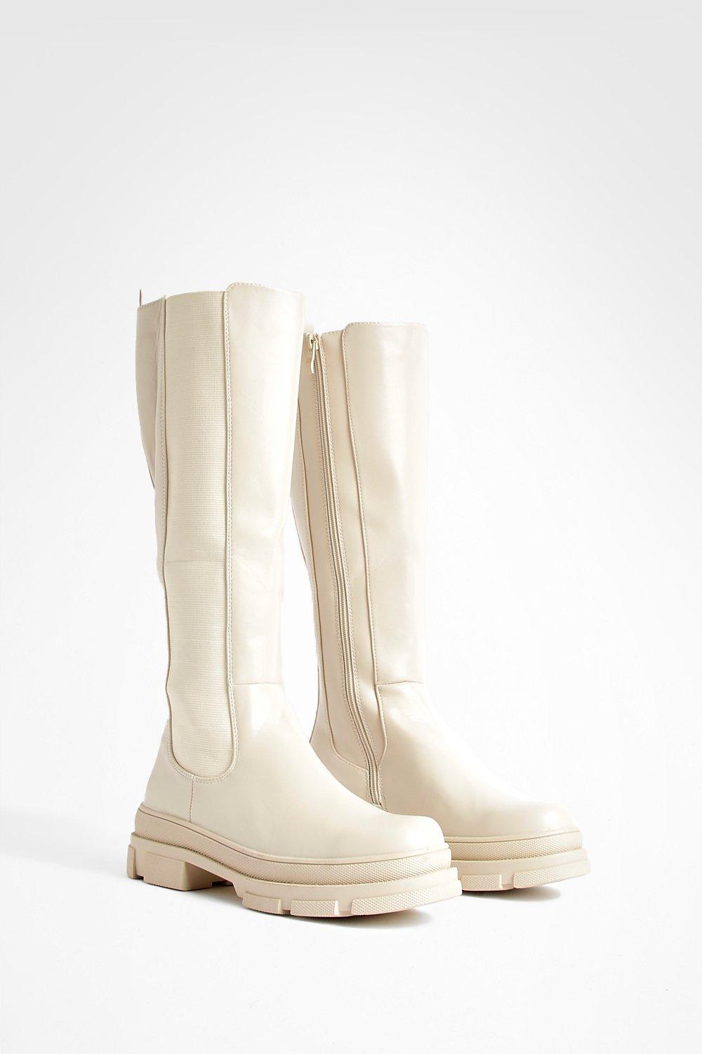 Boohoo Stevige Kniehoge Chelsea Boots, Beige