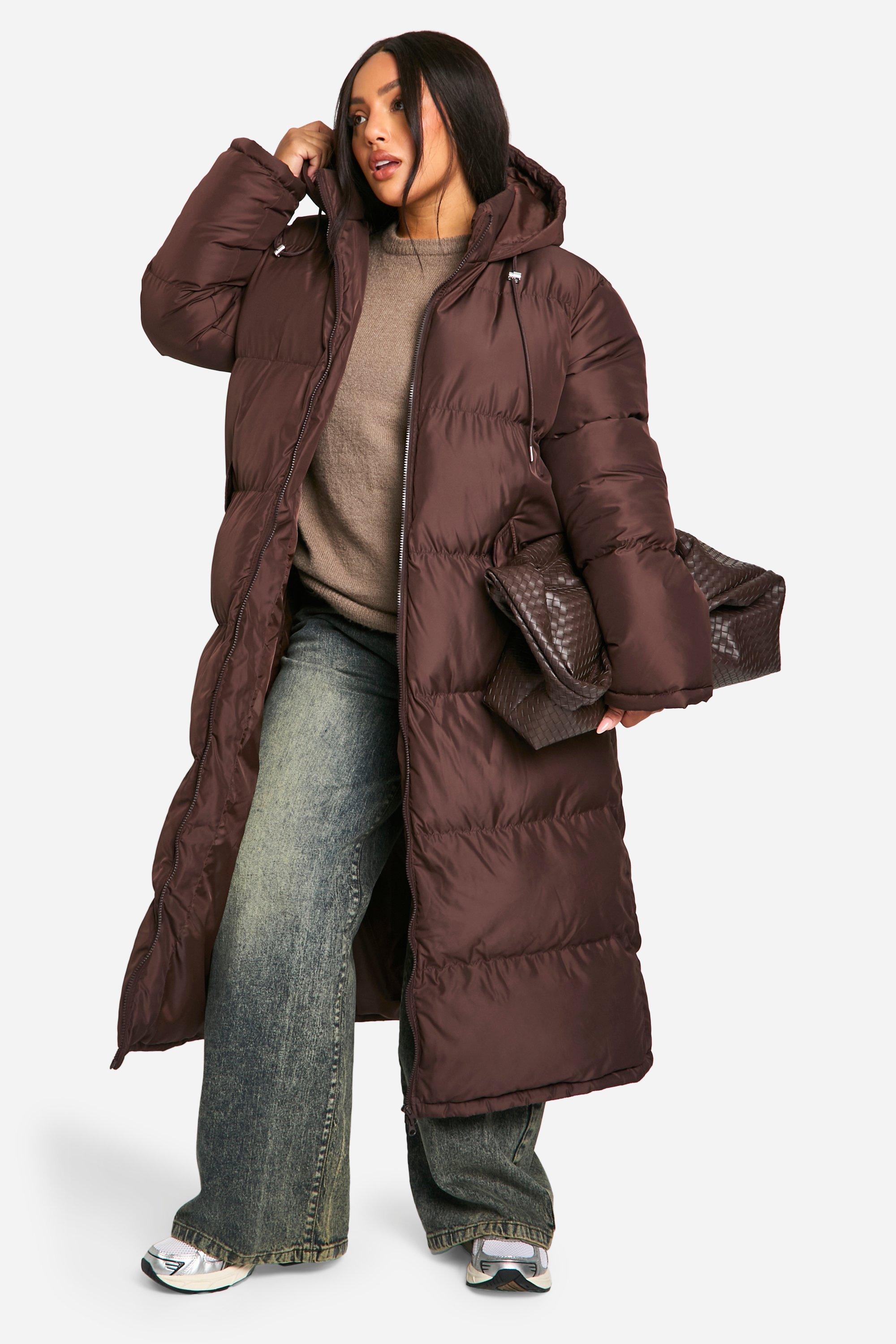 Womens Plus Hooded Longline Puffer Coat - Brown - 22, Brown