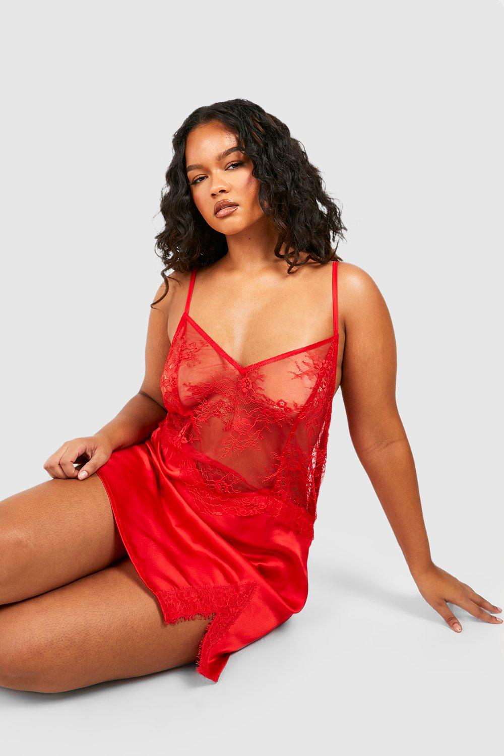 Womens Plus Satin & Lace Detail Babydoll - Red - 16, Red