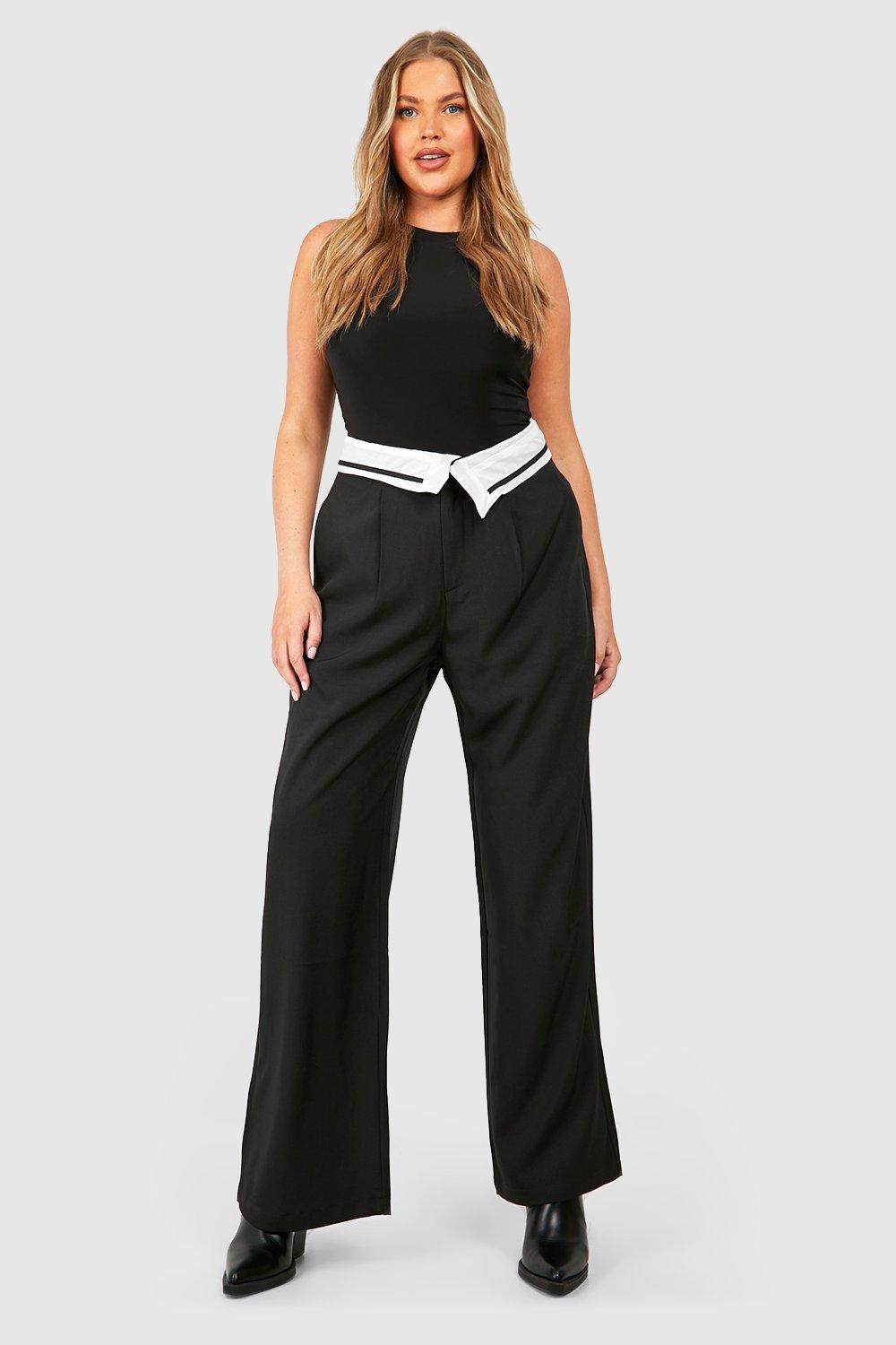 Womens Plus Fold Over Waistband Tailored Trousers - Black - 28, Black