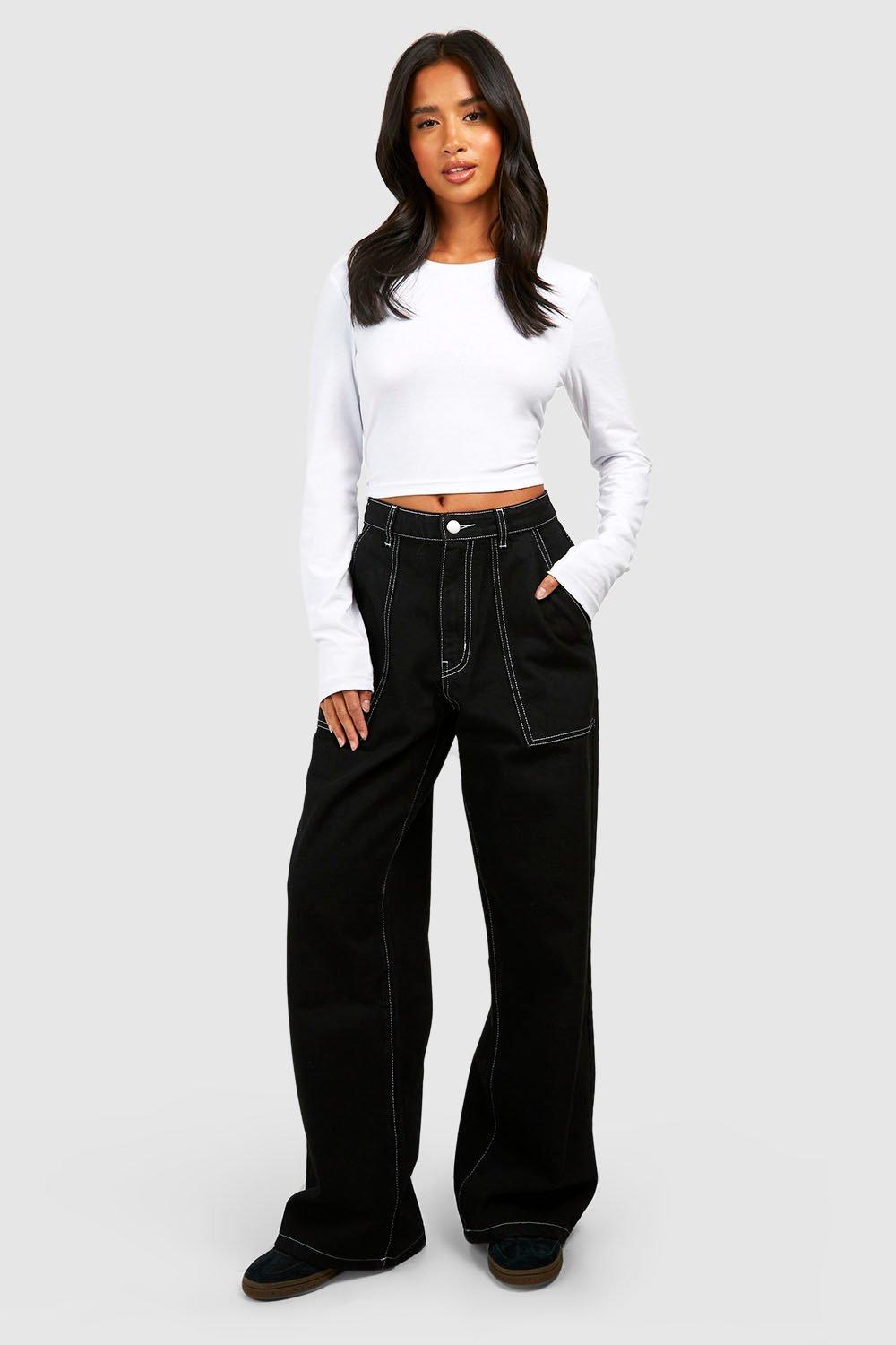 Boohoo Pettie Wide Leg Jeans Met Contrasterende Naaddetail, Black