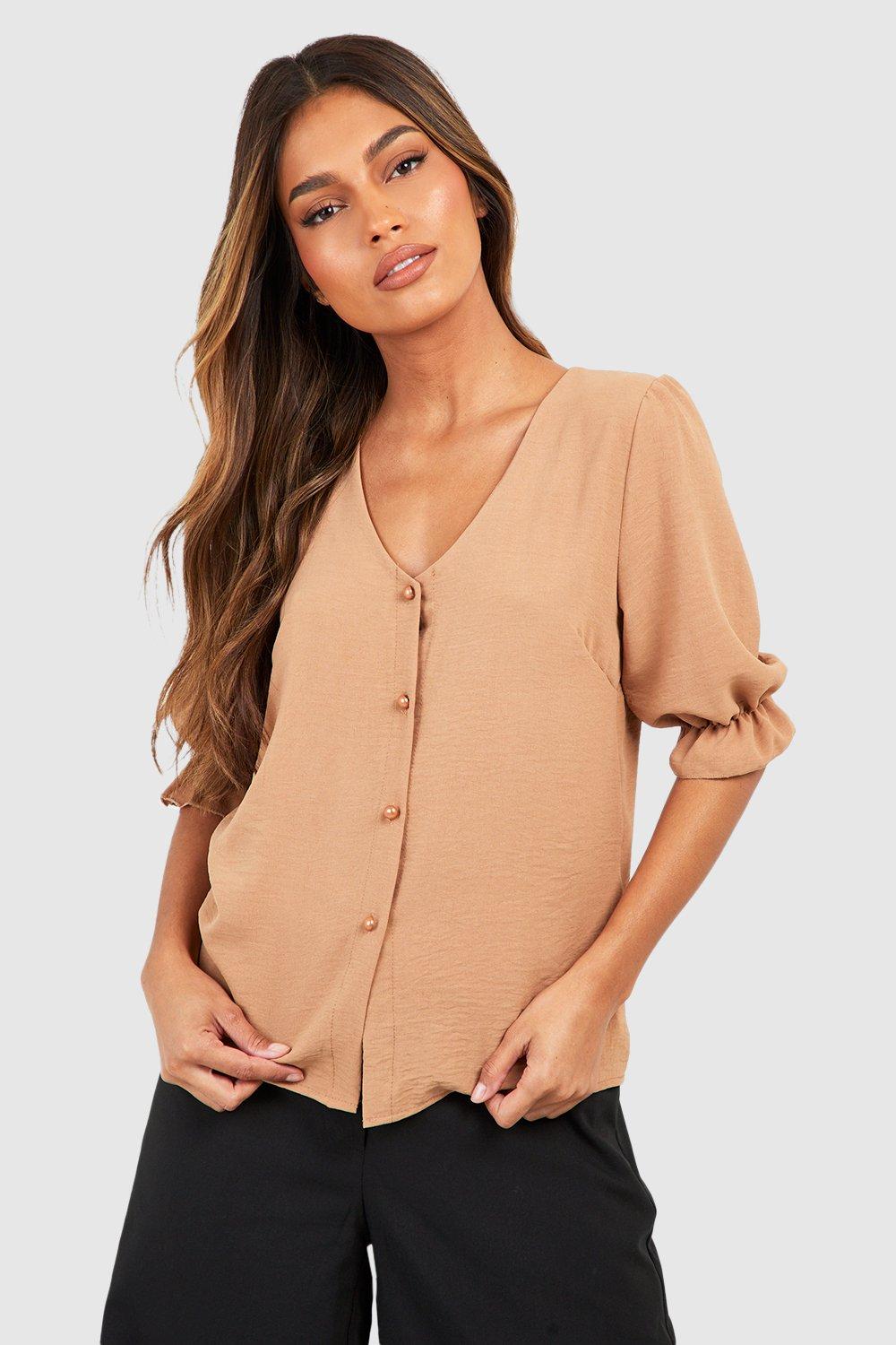 Womens Hammered Puff Sleeve Button Front Blouse - Beige - 6, Beige