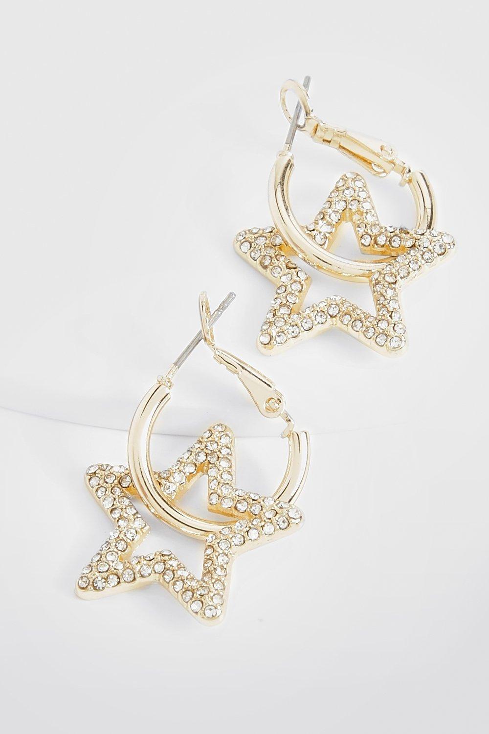 Womens Embellished Star Hoop Drop Earrings - Gold - One Size, Gold