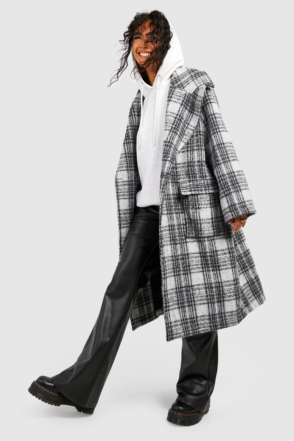 Womens Check Shoulder Detail Midaxi Wool Look Coat - Grey - 16, Grey