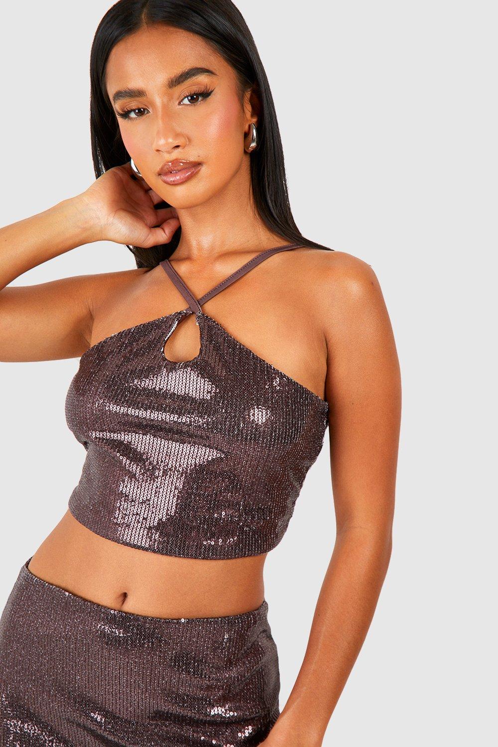 Boohoo Petite Glitter Crop Top Met Pailletten En Bandjes, Chocolate