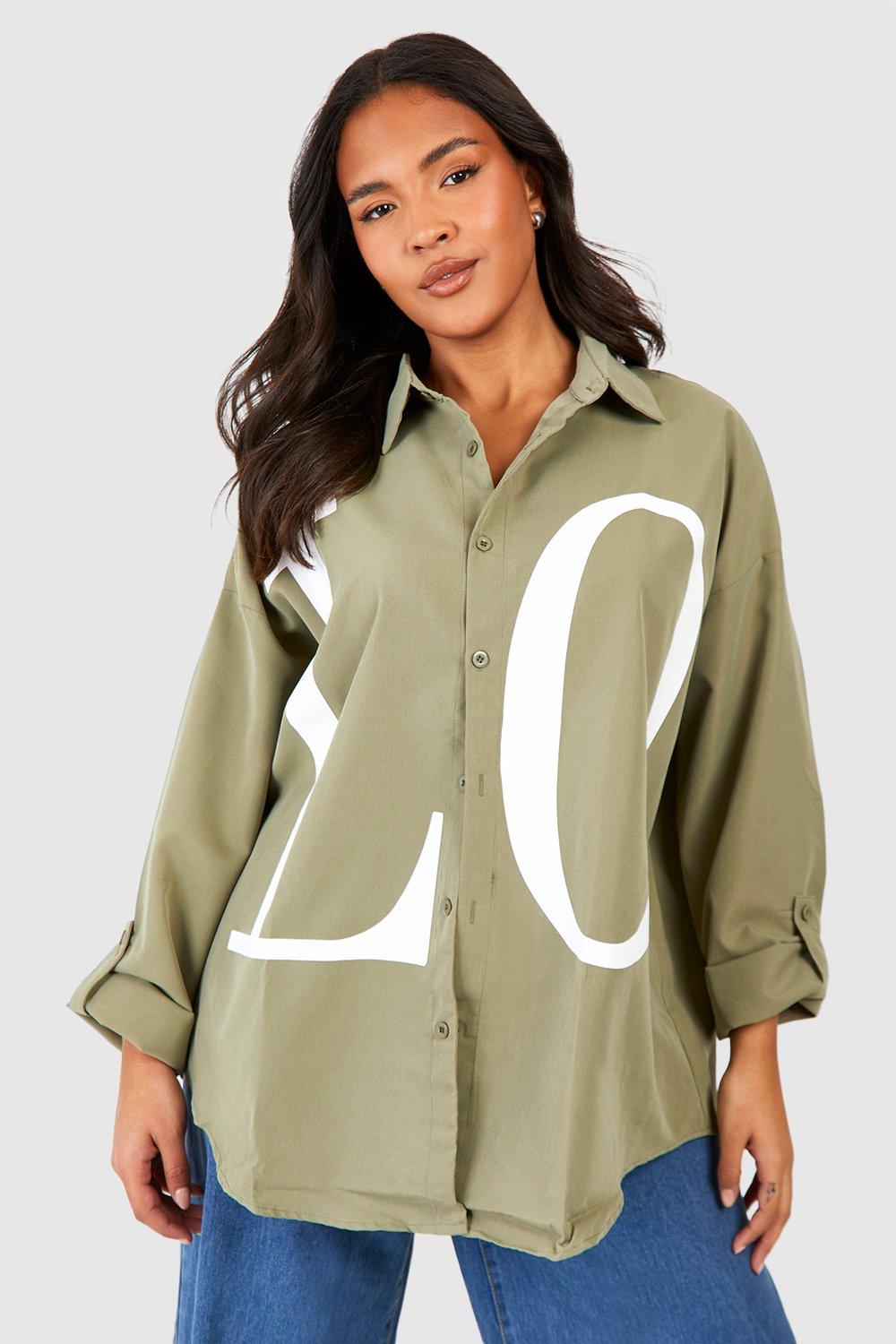 Image of Camicia Plus Size oversize con slogan Love, Verde