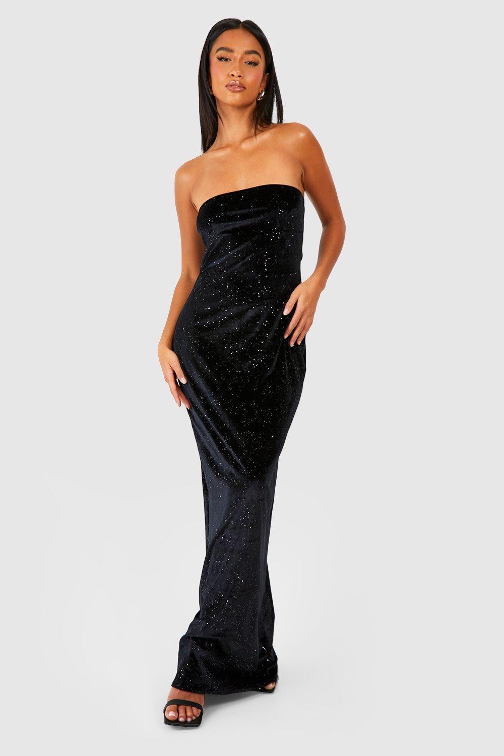 Womens Petite Velvet Bandeau Maxi Dress - Black - 8, Black