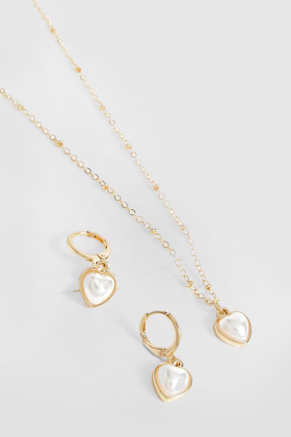 Womens Pearl Heart Necklace And Earring Set - Gold - One Size, Gold