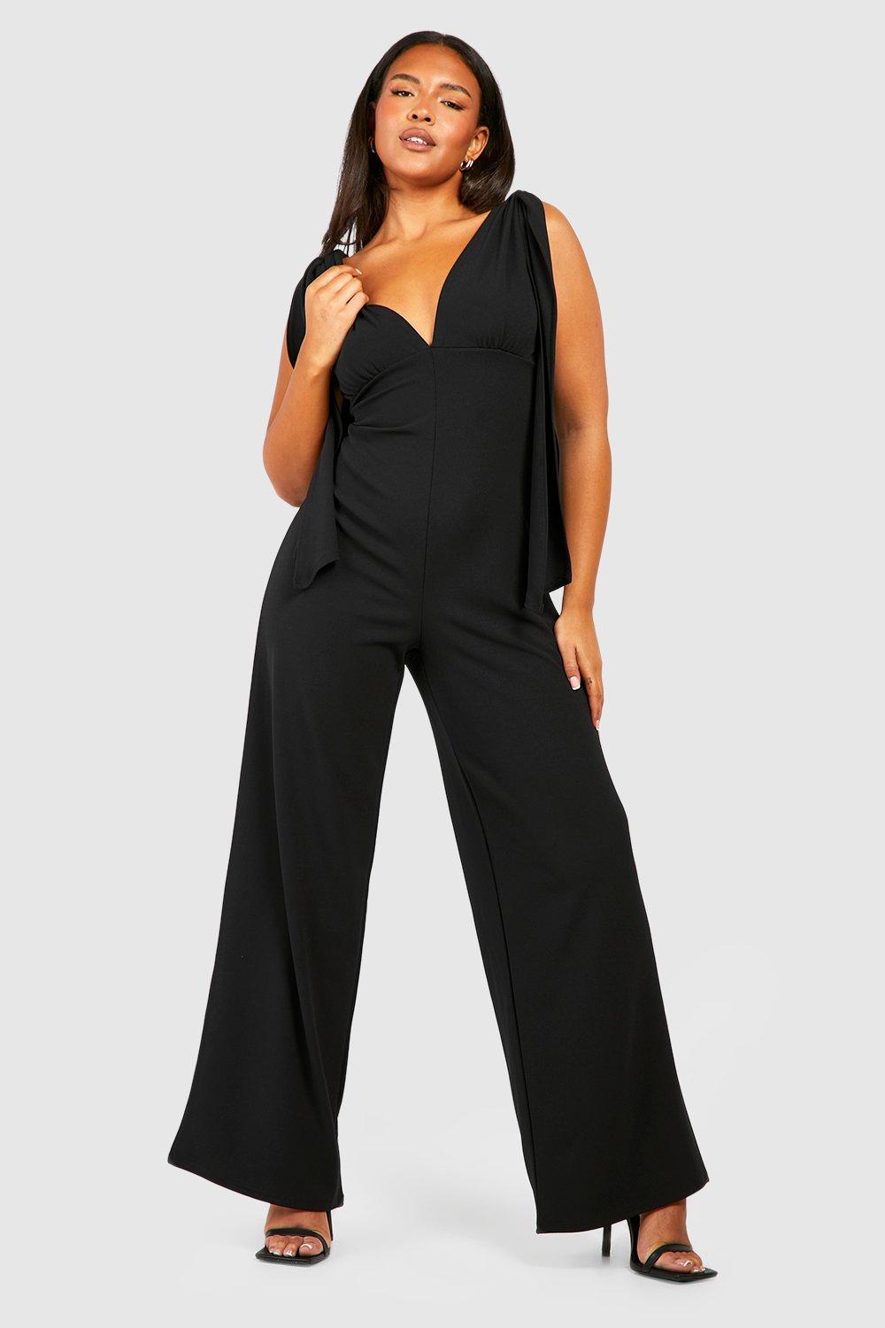 Womens Plus Tie Shoulder Wide Leg Jumpsuit - Black - 26, Black