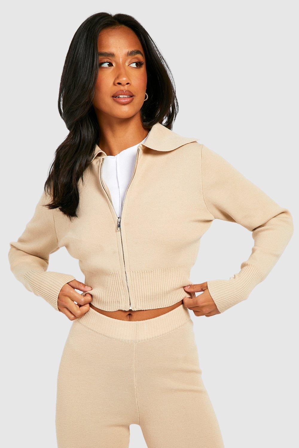 Womens Petite Hooded Cropped Zip Up Cardigan - Beige - 16, Beige