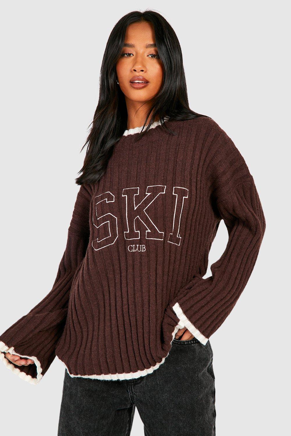 Image of Maglione Petite in maglia a coste con ricami, Brown