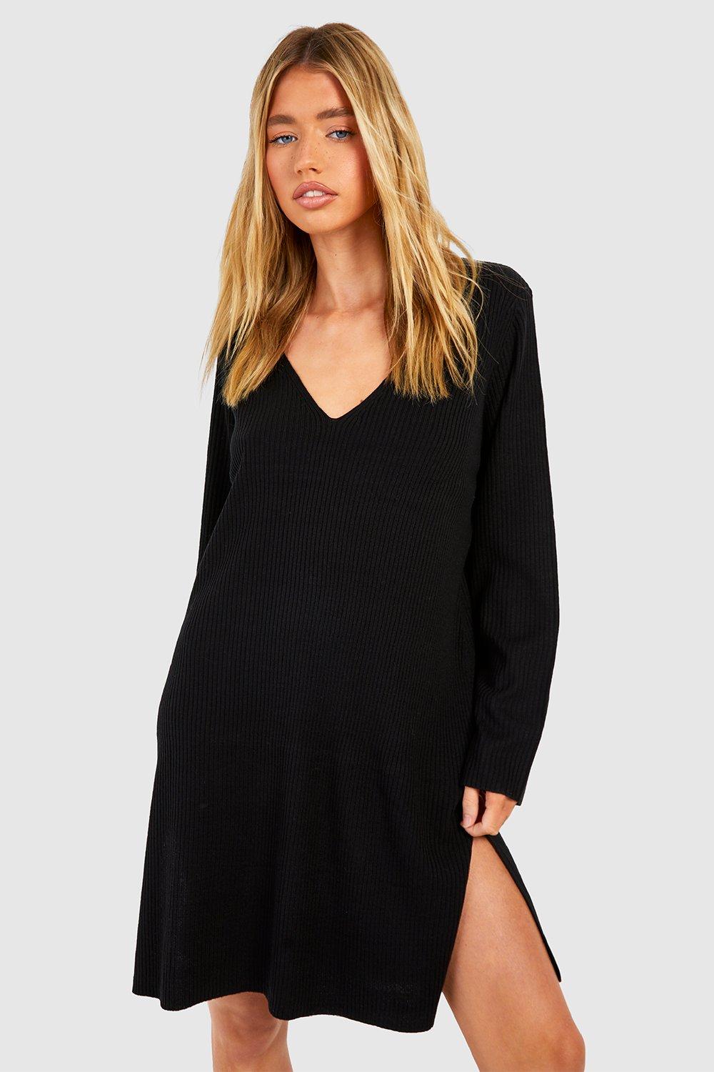 Boohoo Oversized Geribbelde Gebreide Midi Jurk, Black