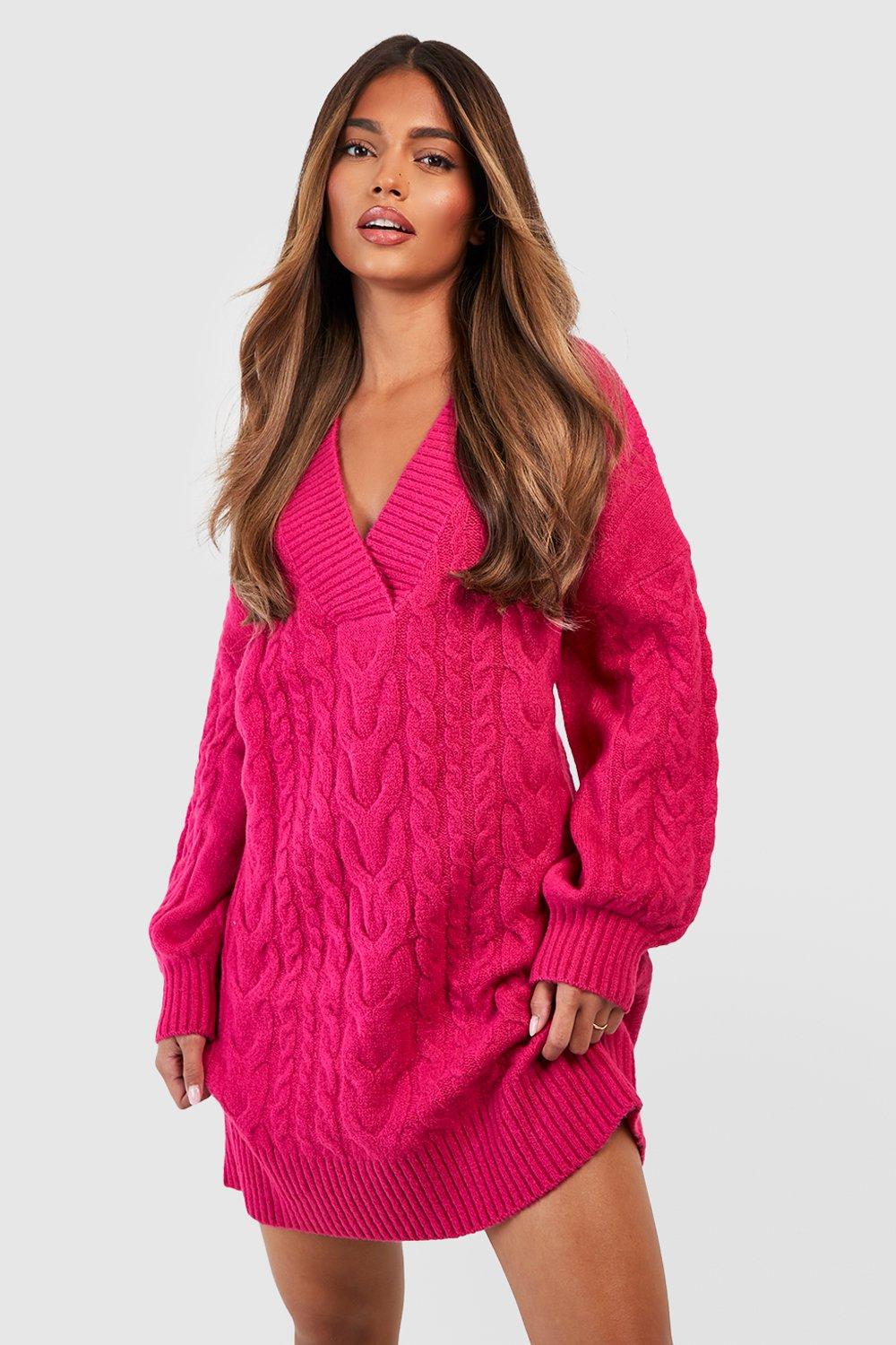 Image of Vestito in maglia intrecciata con scollo a V, Pink