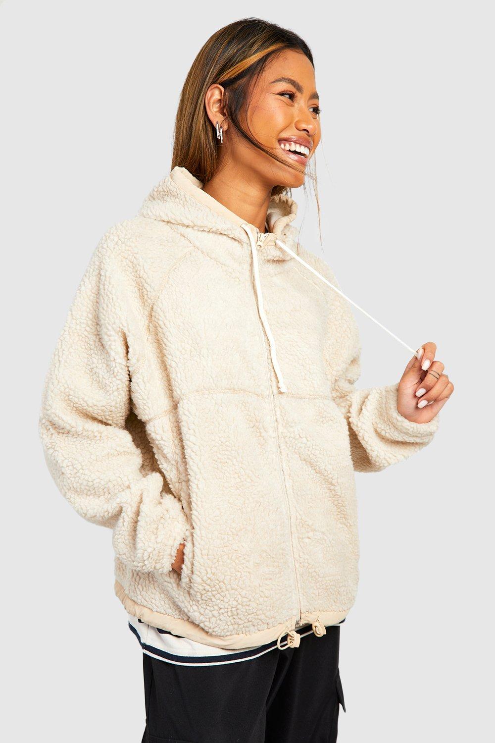 Womens Hooded Teddy Zip Detail Jacket - White - 16, White