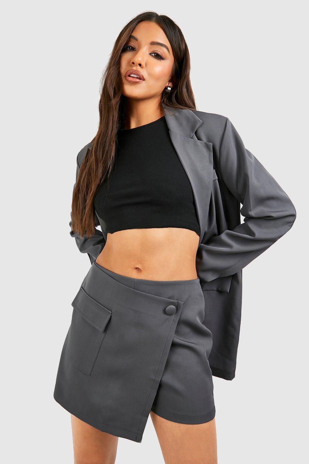 Boohoo Wikkel Mini Rokje Met Zak Detail, Charcoal