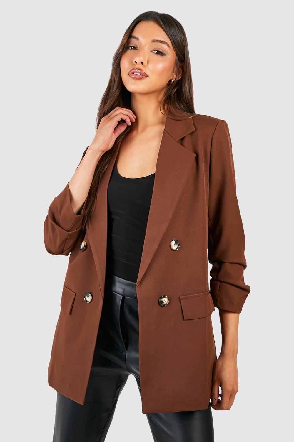 Boohoo Blazer Met Dubbele Knopen, Nephoornen Knopen En Geplooide Mouwen, Chocolate