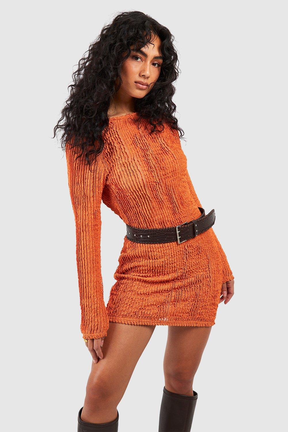 womens cowl back knitted bodycon dress - orange - 10, orange