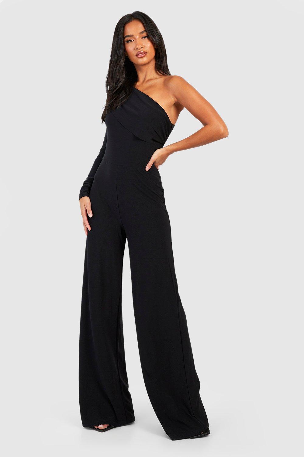 Womens Petite Premium Slinky Shoulder Pad One Sleeve Jumpsuit - Black - 6, Black