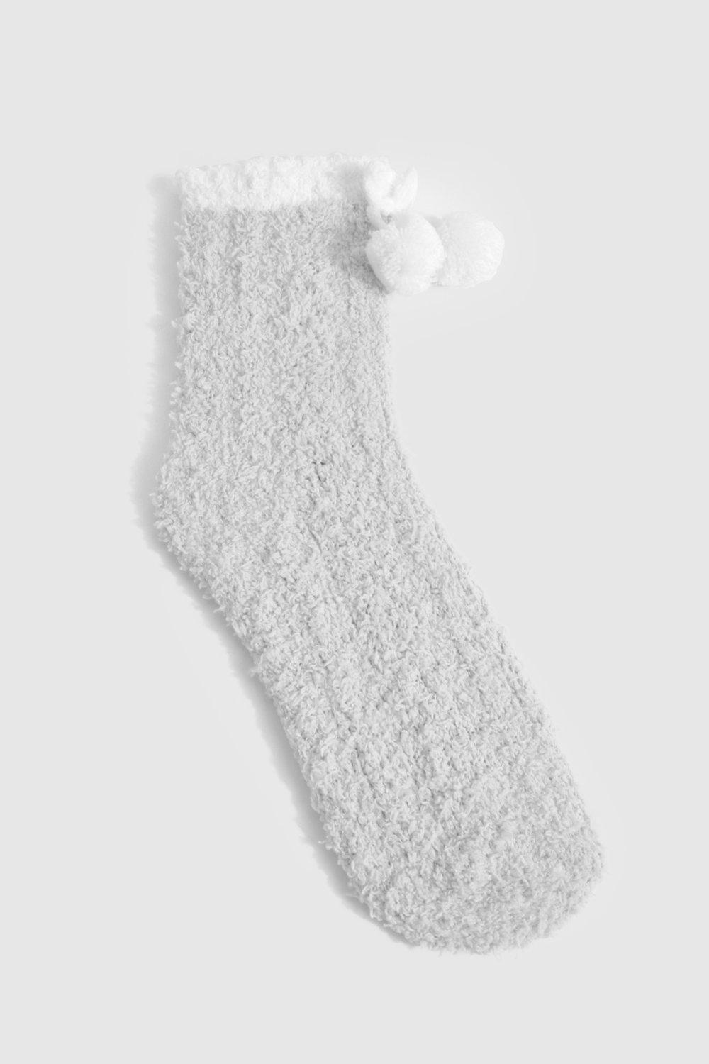 Womens Grey Pom Pom Fluffy Bed Socks - One Size, Grey