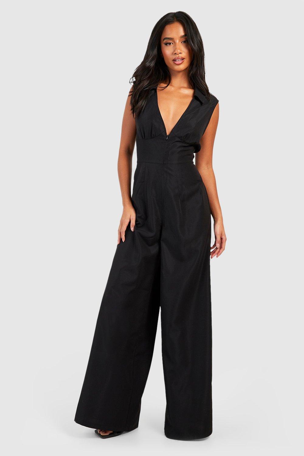 Womens Petite Zip Front Wide Leg Jumpsuit - Black - 16, Black