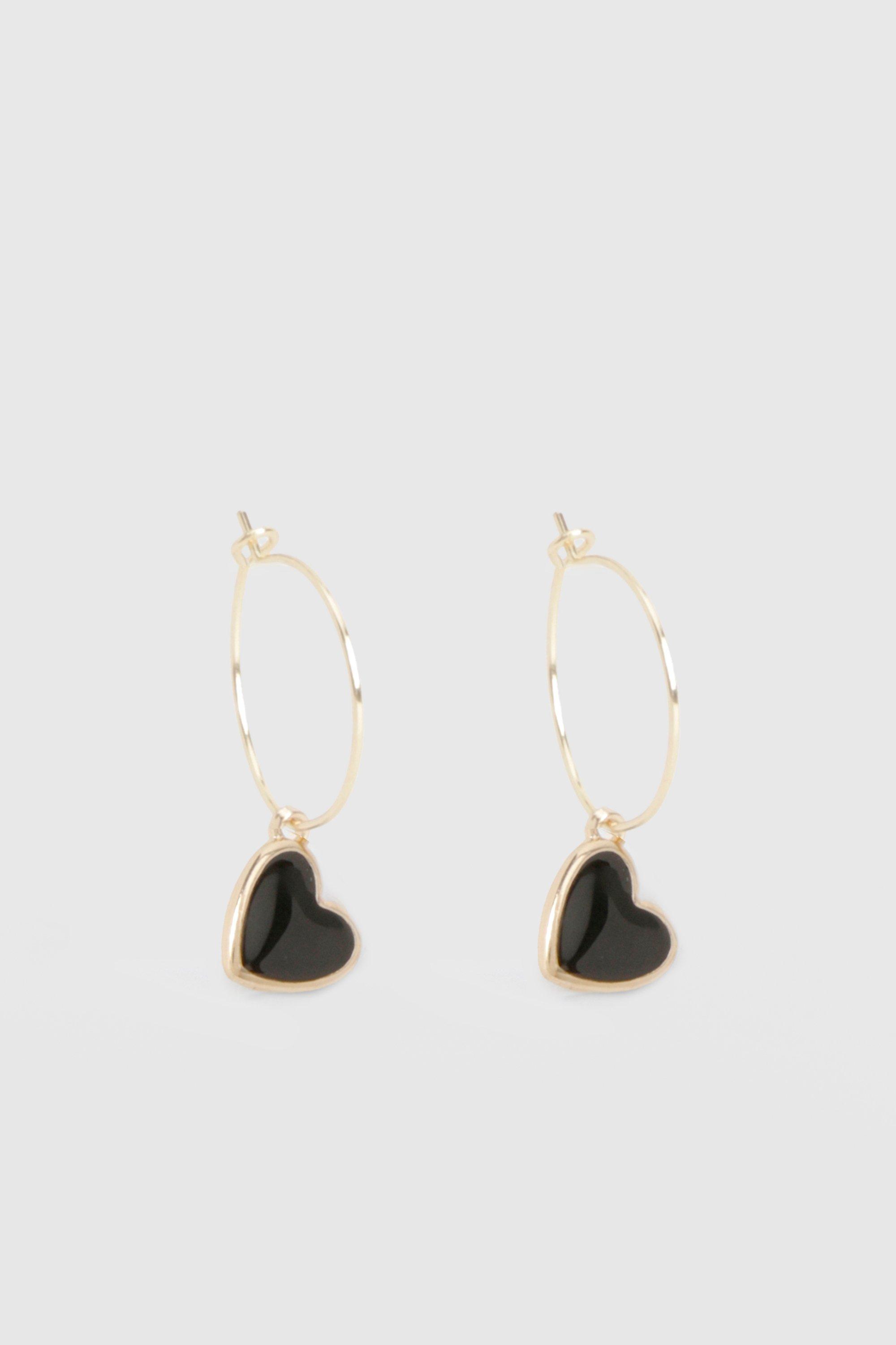 Womens Black Heart Drop Earrings - Gold - One Size, Gold