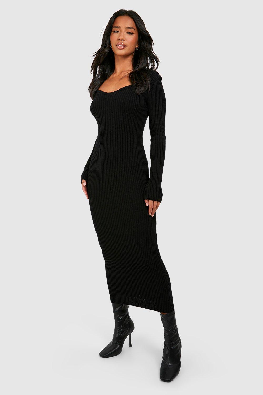 Womens Petite Knit Long Sleeve Midaxi Dress - Black - M, Black