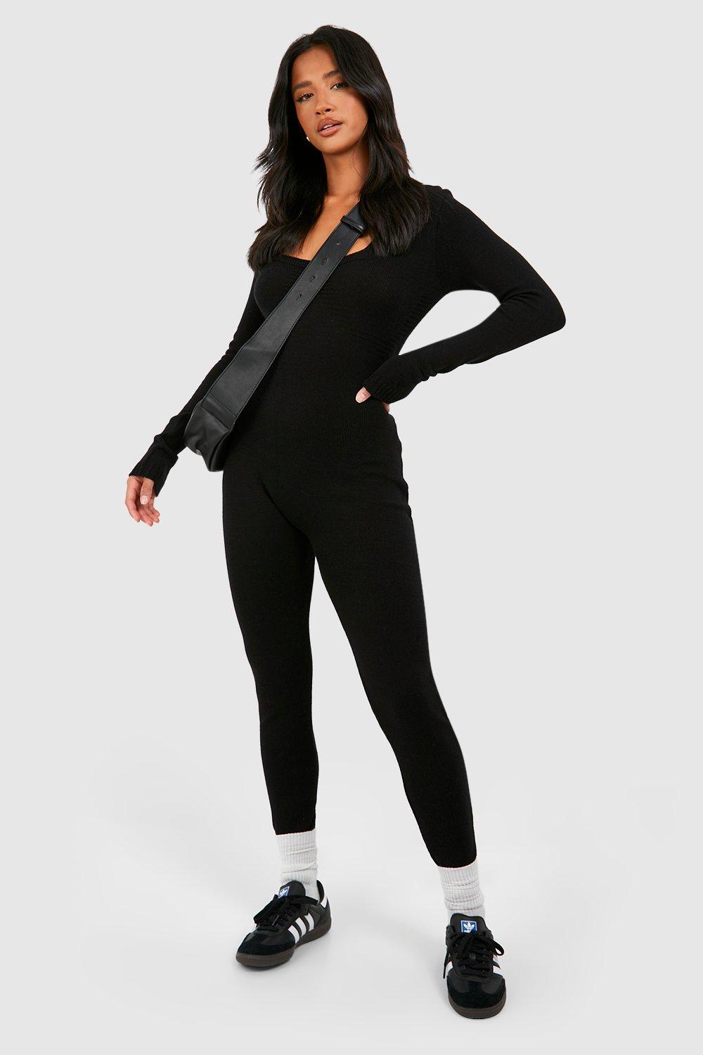 Womens Petite Knit Scoop Neck Jumpsuit - Black - L, Black