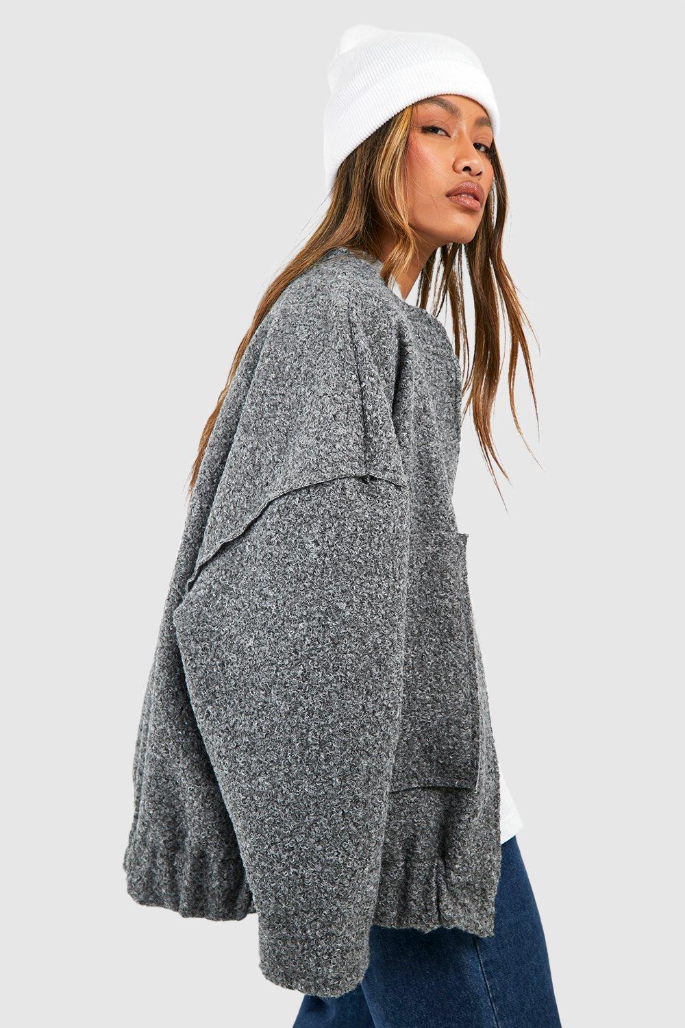 womens oversized wool look bomber jacket - grey - 8, grey