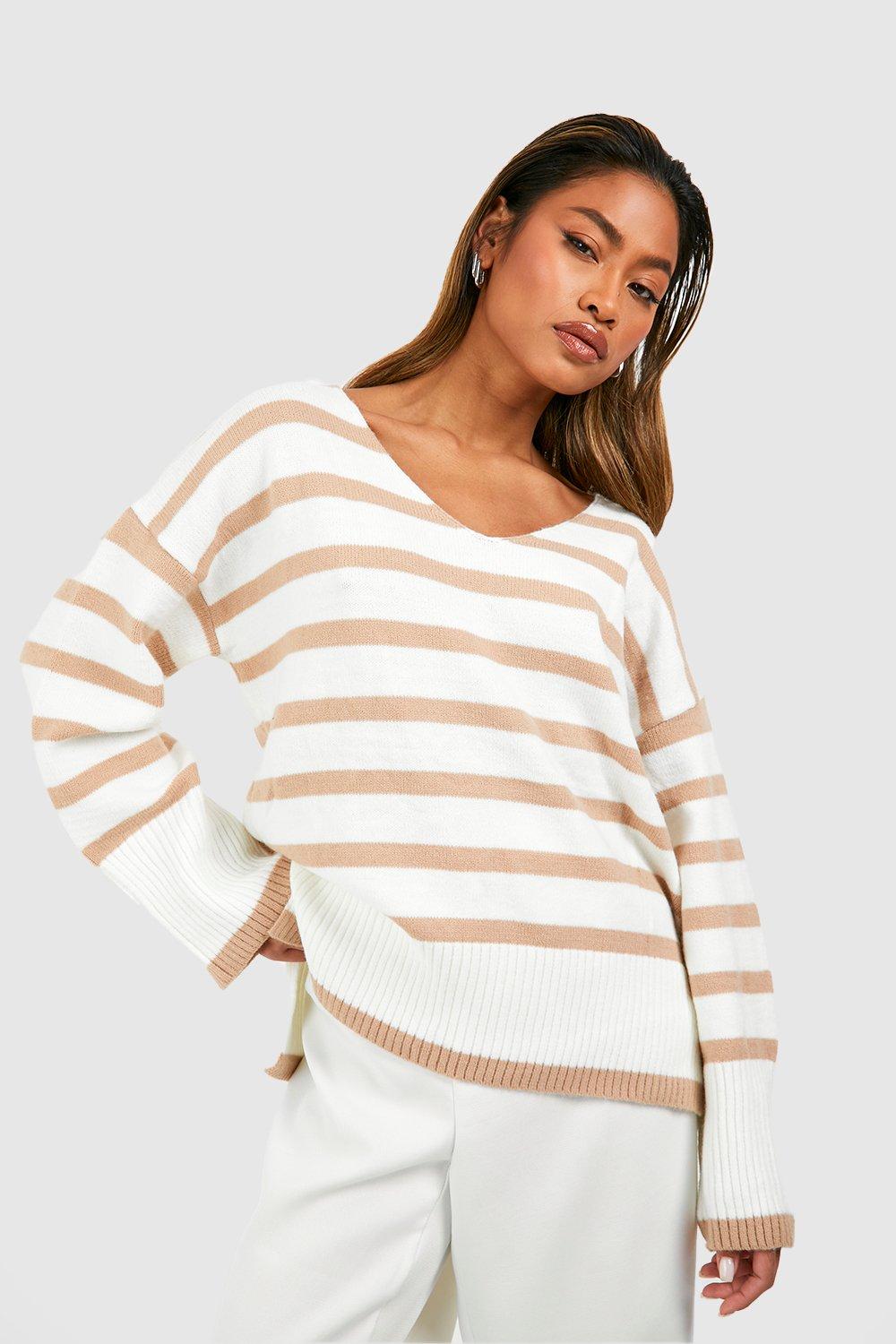 Womens Slouchy Stripe Jumper - Beige - S/M, Beige