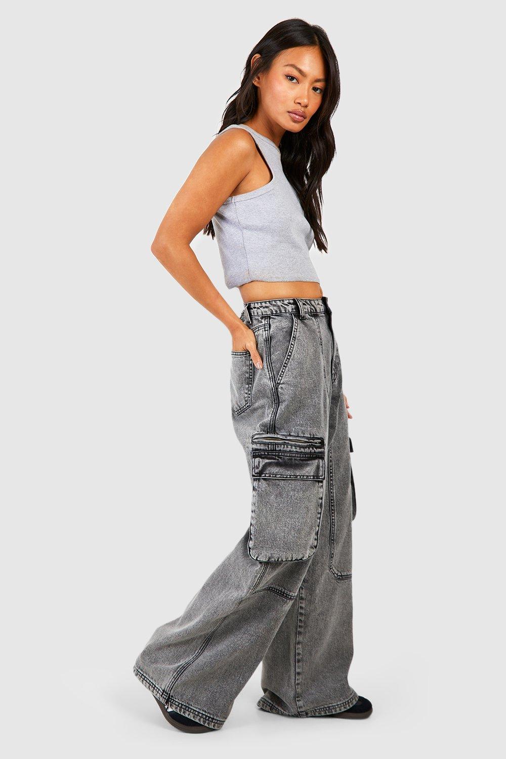 Womens Acid Wash Cargo Pocket Jeans - Grey - 8, Grey