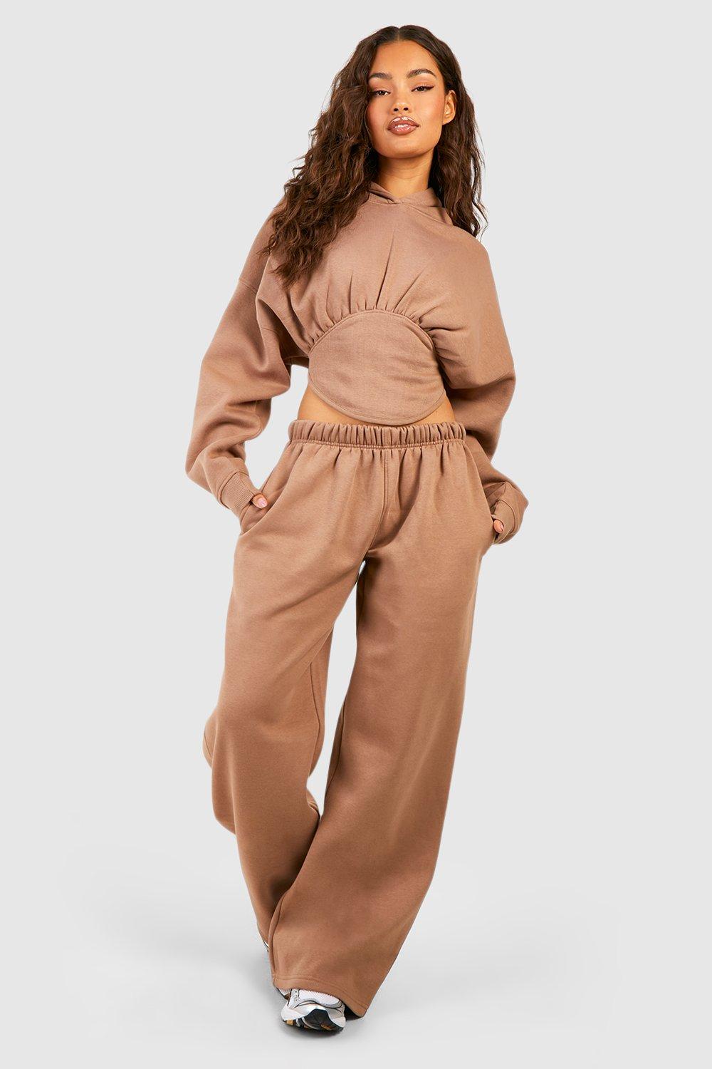 Womens Corset Hoodie And Straight Leg Jogger Tracksuit - Brown - 12, Brown