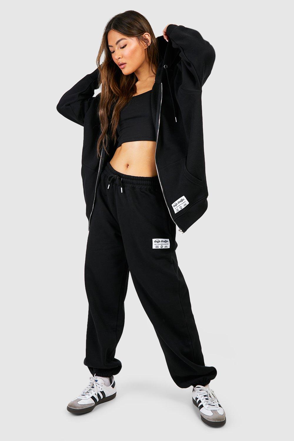 Womens Dsgn Studio 3 Piece Scoop Neck Top Zip Through Hoodie Tracksuit - Black - 14, Black