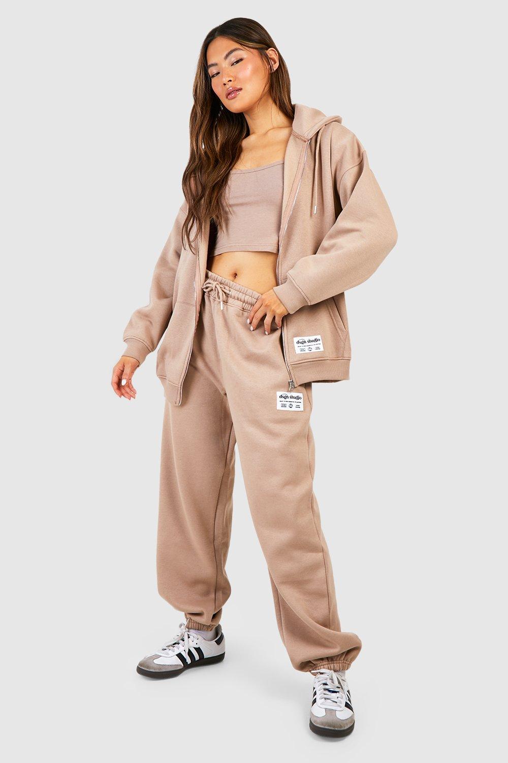 Womens Dsgn Studio 3 Piece Scoop Neck Top Zip Through Hoodie Tracksuit - Beige - 12, Beige