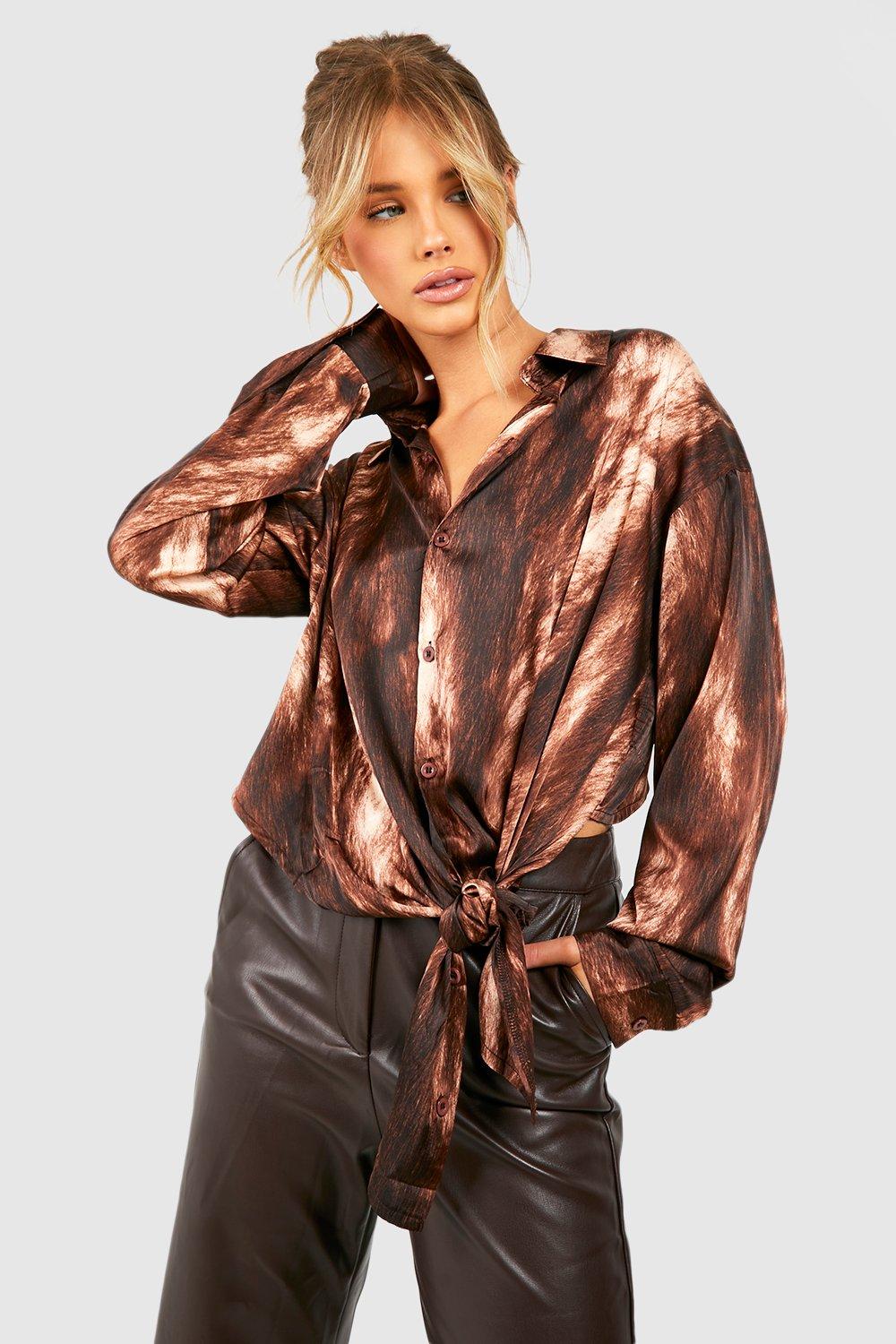 Chemise Satinée Nouée Sur Le Côté - Marron Chocolat - 44, Marron Chocolat