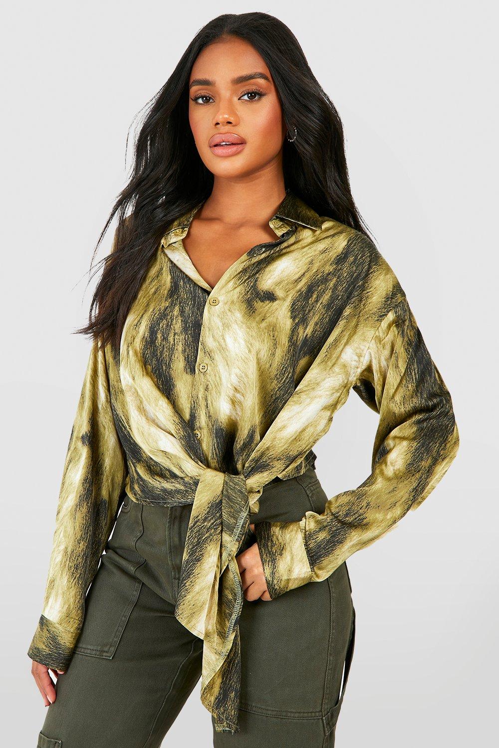 Chemise Satinée Nouée Sur Le Côté - Vert Kaki - 42, Vert Kaki