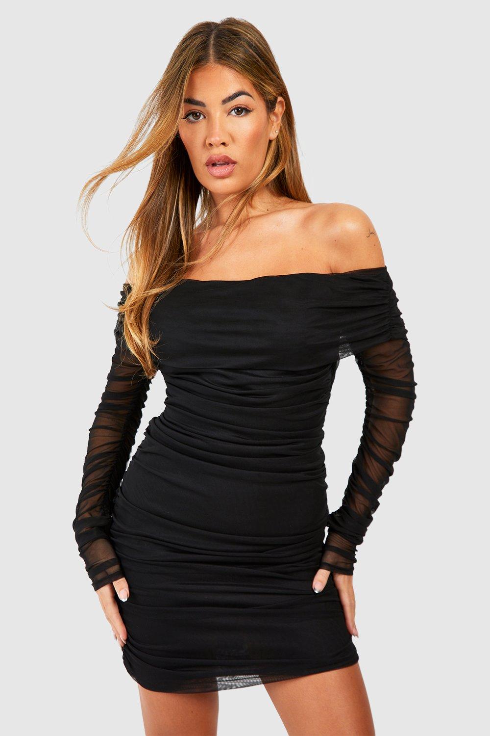 Robe Courte Froncée En Tulle À Col Bateau - Noir - 40, Noir