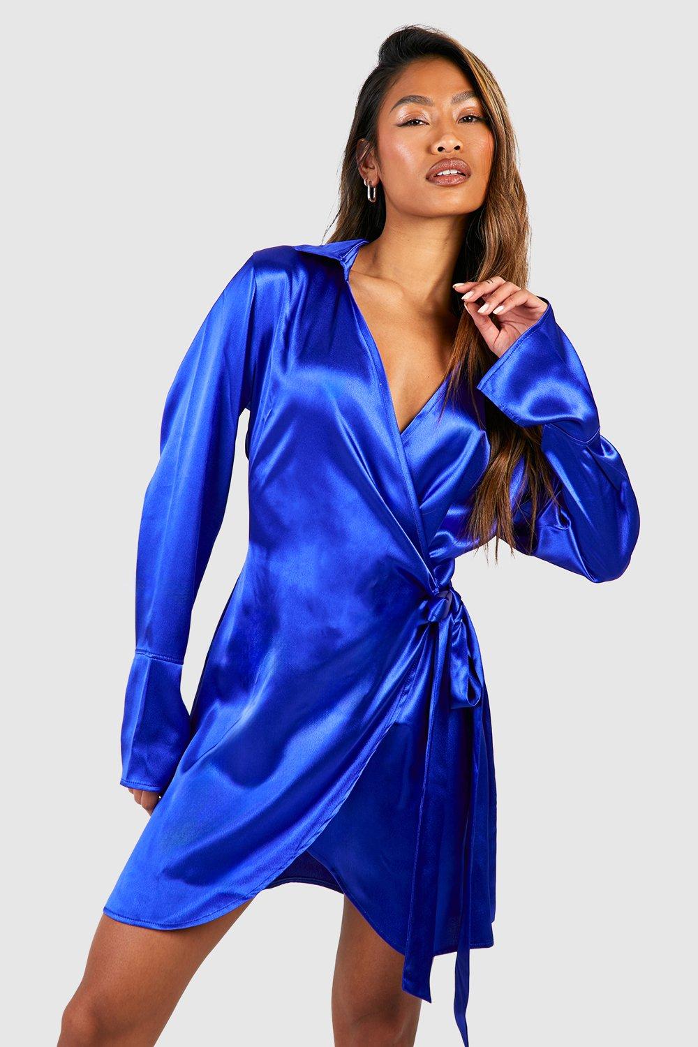 Robe Chemise Croisée Satinée - Bleu Roi - 46, Bleu Roi