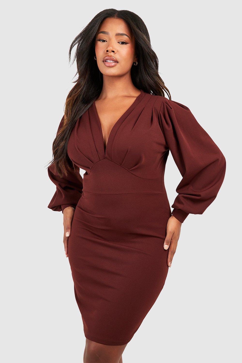 Grande Taille - Robe Mi-Longue À Manches Longues - Marron Chocolat - 56, Marron Chocolat