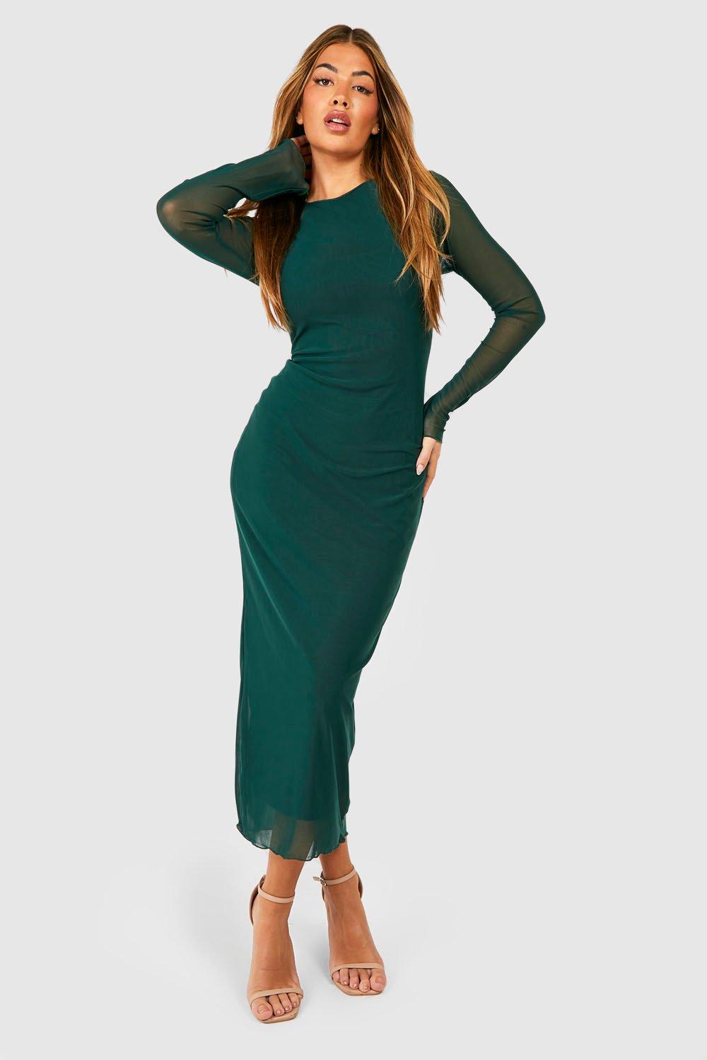 Robe Mi-Longue En Mesh À Manches Longues - Vert Bouteille - 36, Vert Bouteille