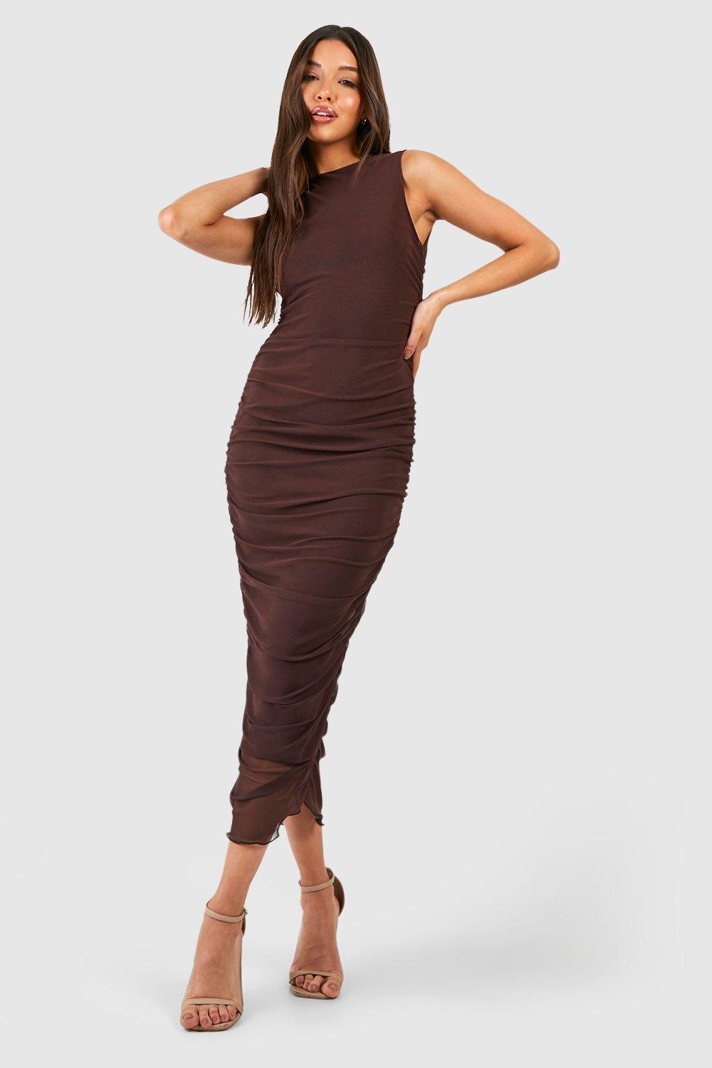 Robe Mi-Longue Froncée En Tulle - Marron Chocolat - 46, Marron Chocolat