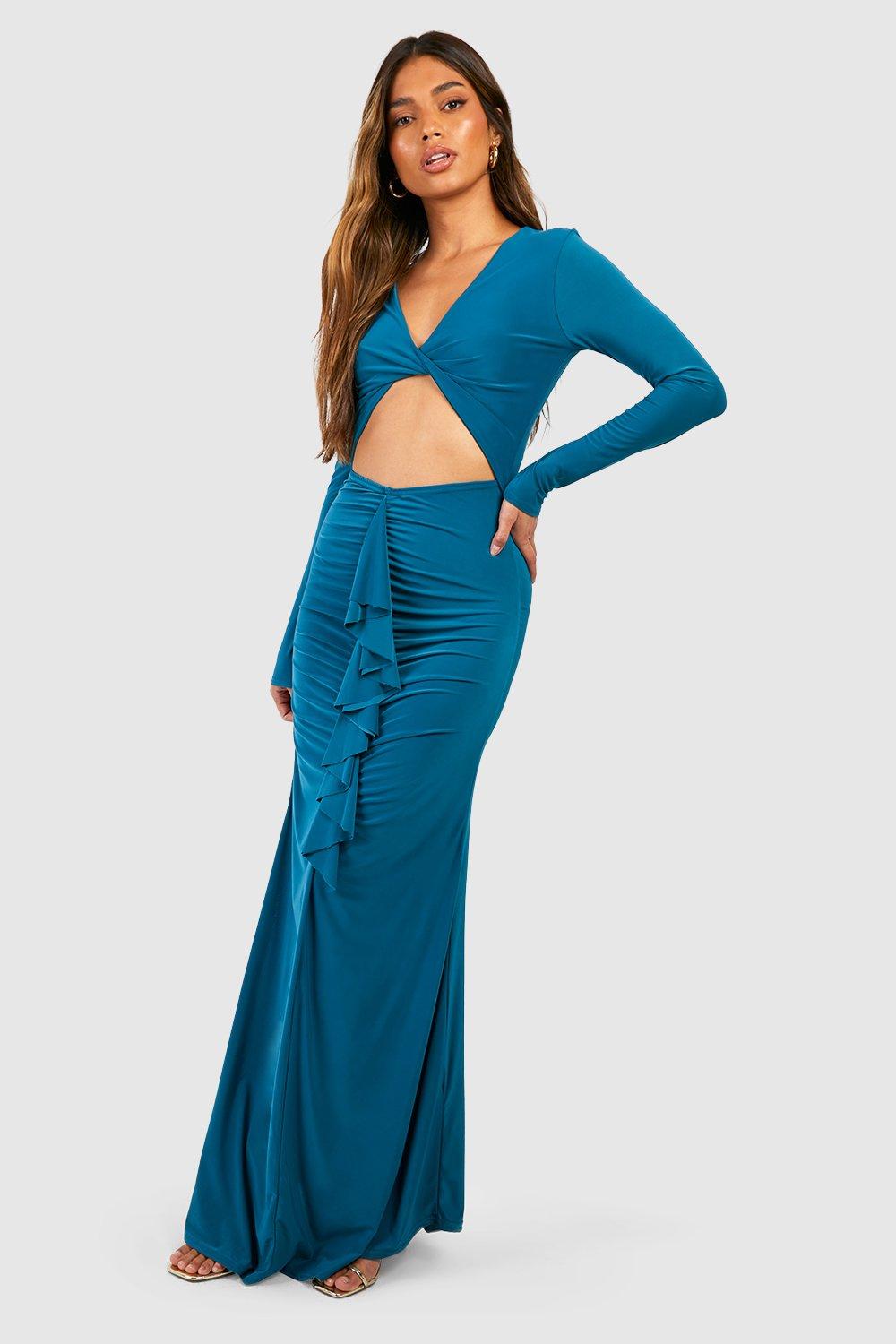 Robe Mi-Longue Froncée À Manches Longues - Bleu Gris - 44, Bleu Gris