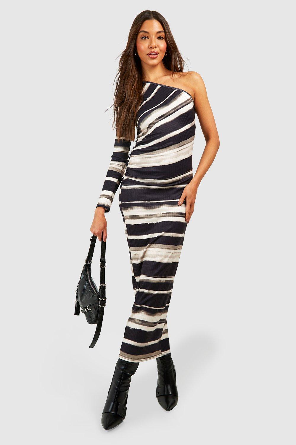 Robe Longue Côtelée Froncée Tie Dye - Noir - 38, Noir