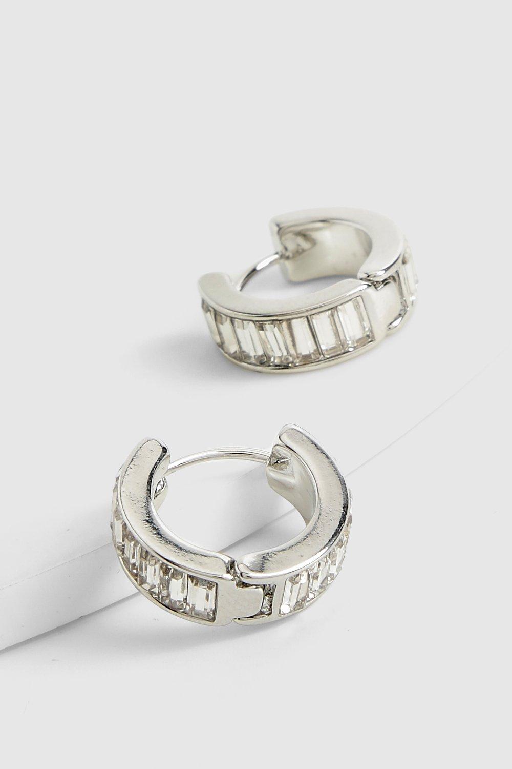 Womens Mini Diamante Baguette Hoop Earrings - Grey - One Size, Grey