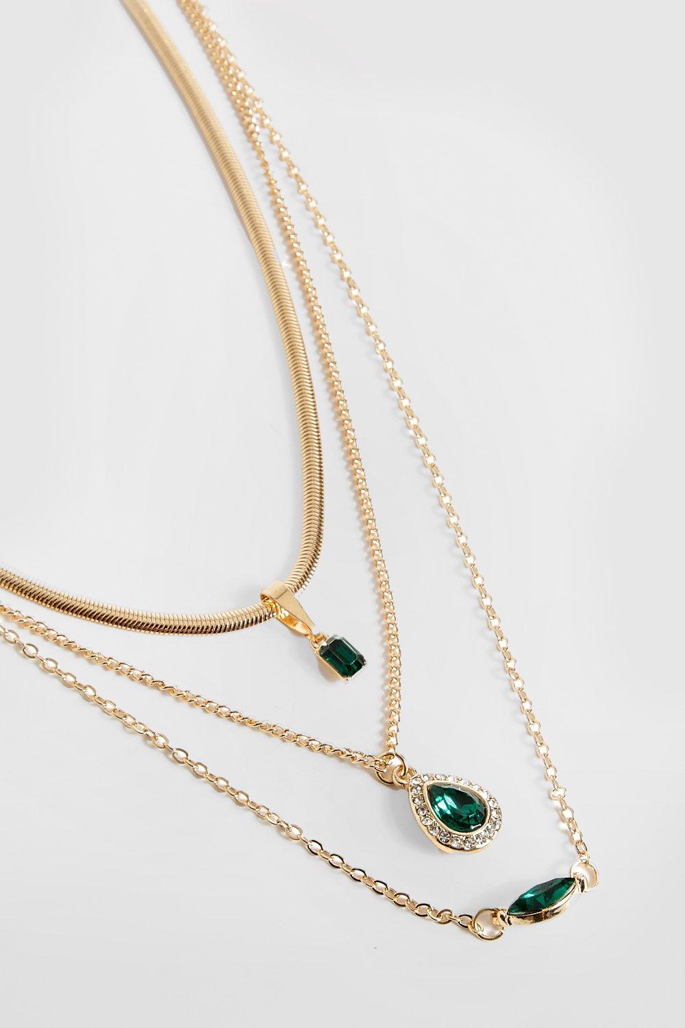 Womens Triple Chain Emerald Necklace - Gold - One Size, Gold